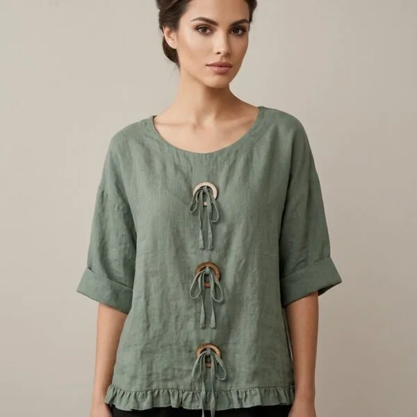 Sage Linen Drawstring Ruffle Top