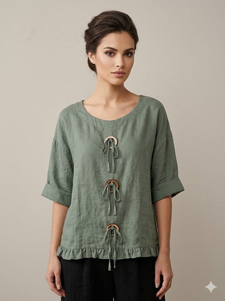 Sage Linen Drawstring Ruffle Top