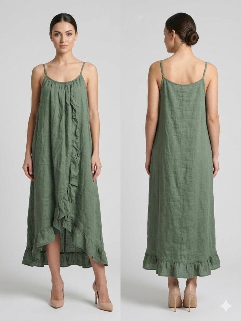 Sage Linen Ruffle Camisole Dress