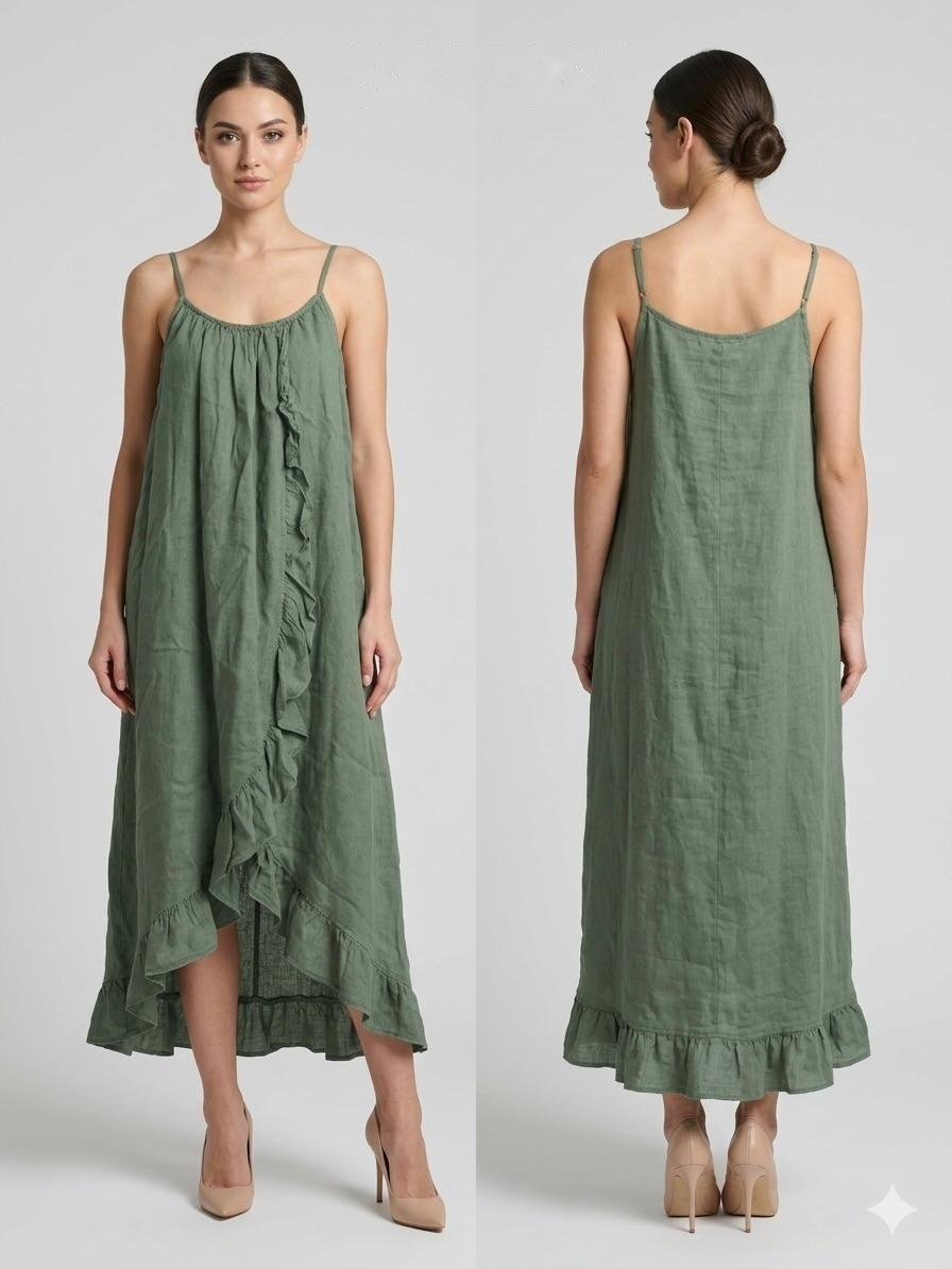 Sage Linen Ruffle Camisole Dress