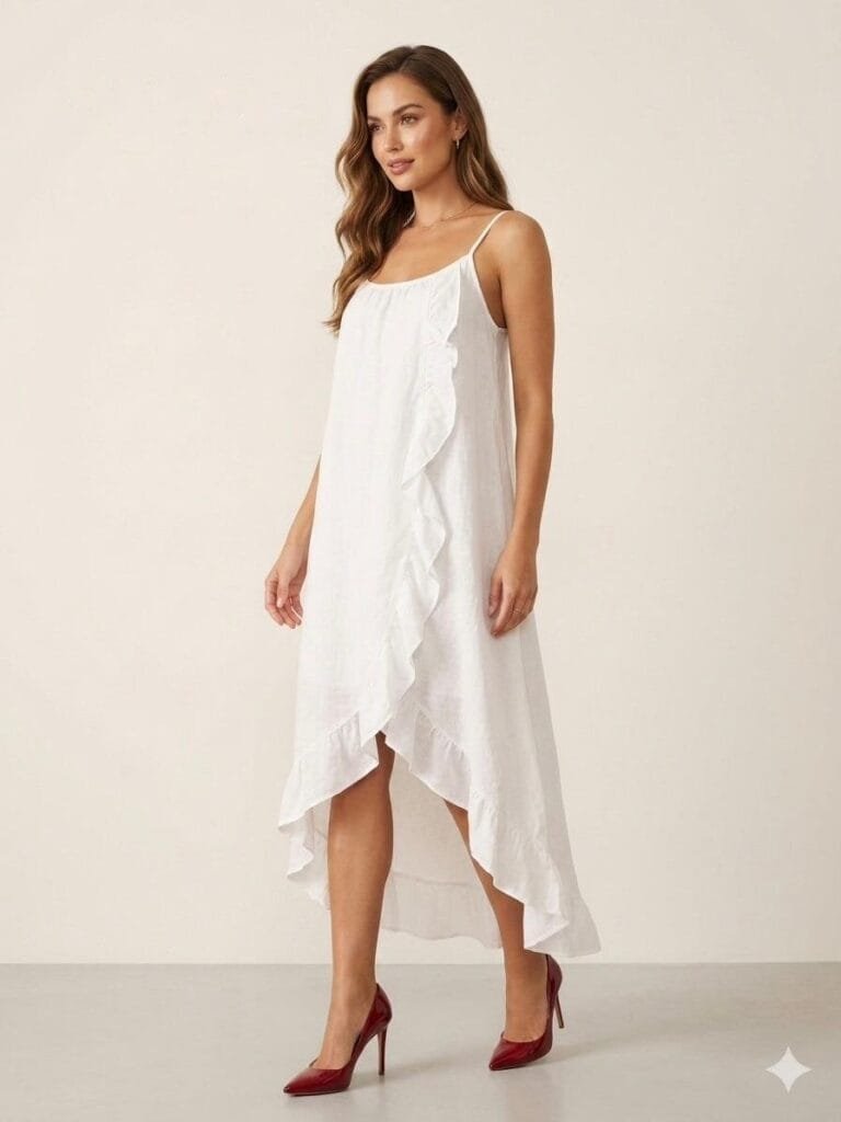 Ethereal White Linen Ruffle Handkerchief Dress