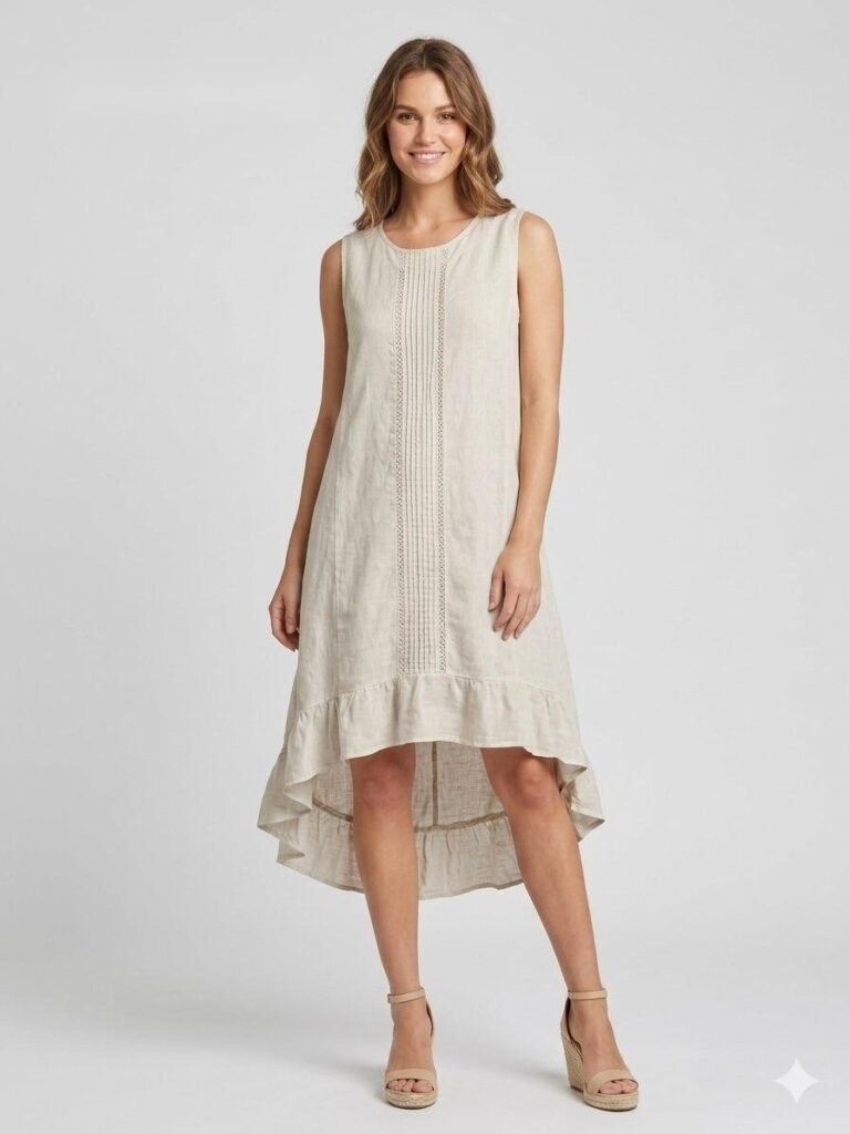 Beige Linen Hi-Low Pintuck Dress
