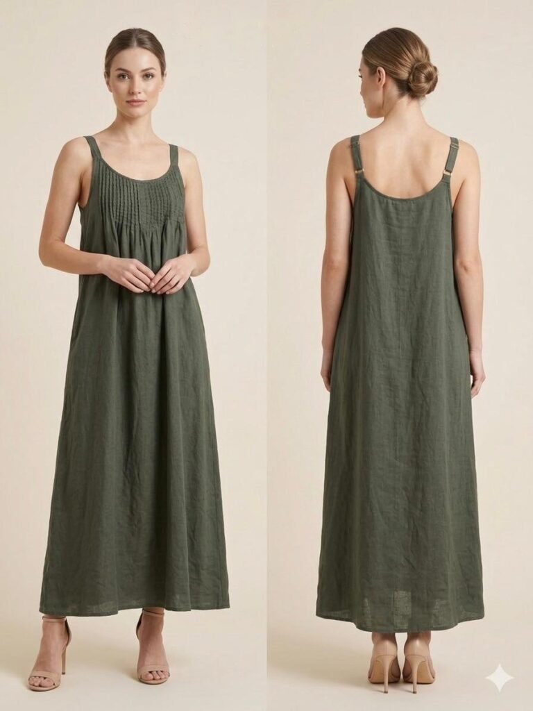 Sage Linen Pleated Everyday Maxi Dress