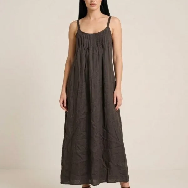 Charcoal Linen Gathering Maxi Dress