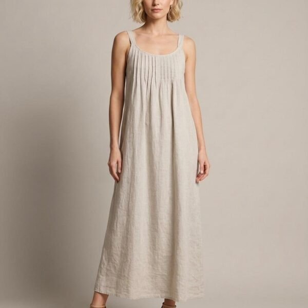 Linen Pleated Maxi Dress in Natural