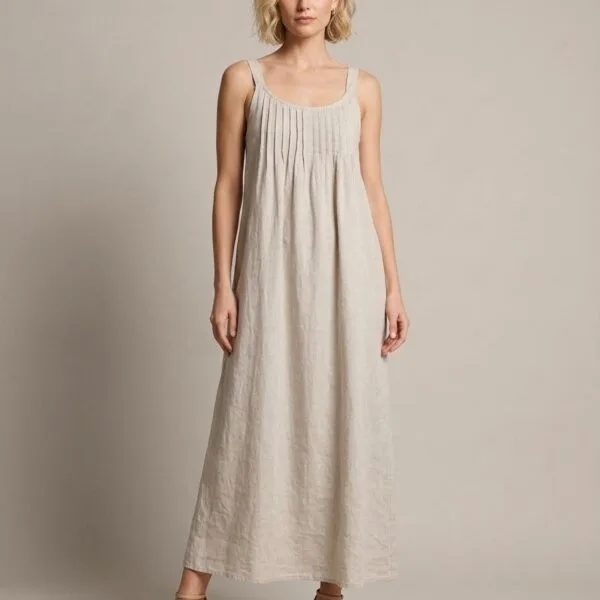 Linen Pleated Maxi Dress in Natural