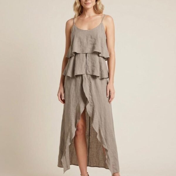 Taupe Linen Ruffle Layered Maxi Dress