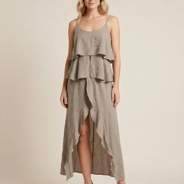Taupe Linen Ruffle Layered Maxi Dress