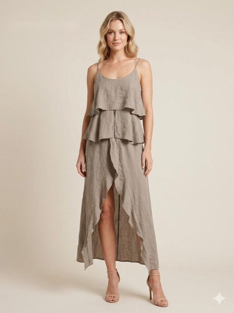 Taupe Linen Ruffle Layered Maxi Dress