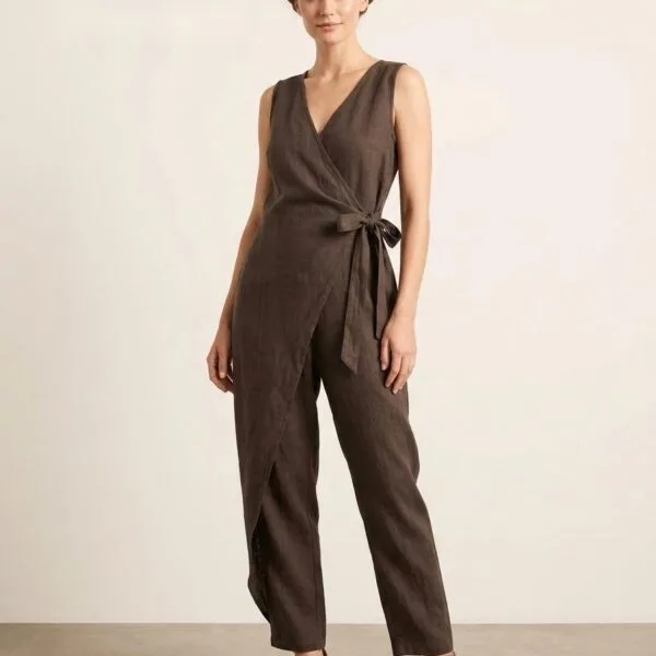 Taupe Linen Wrap Jumpsuit