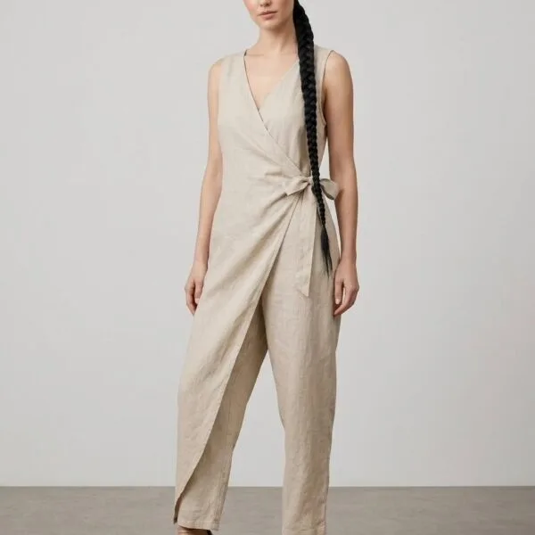 Linen Wrap Jumpsuit in Natural Linen