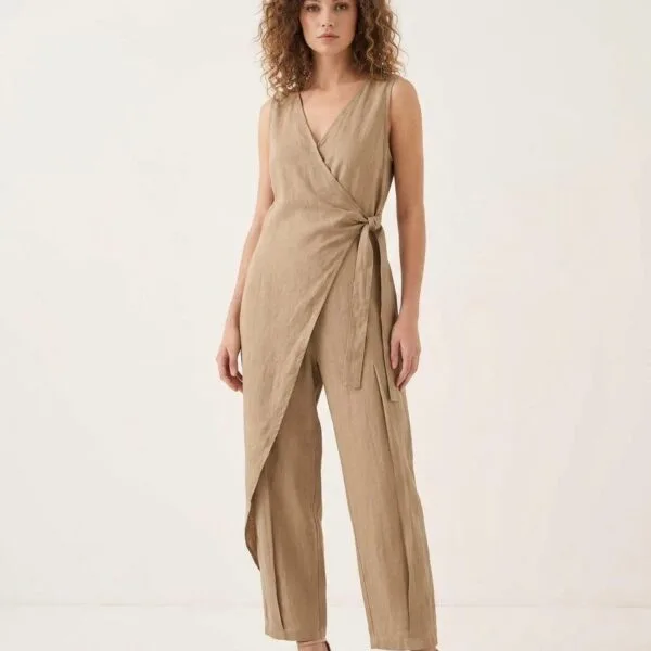 Beige Linen Wrap Jumpsuit