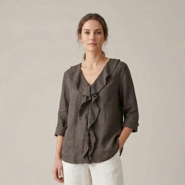 Charcoal Linen Ruffle Front Blouse