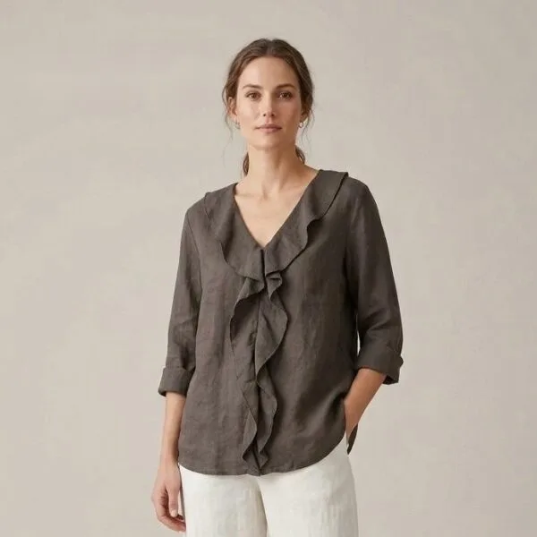 Charcoal Linen Ruffle Front Blouse