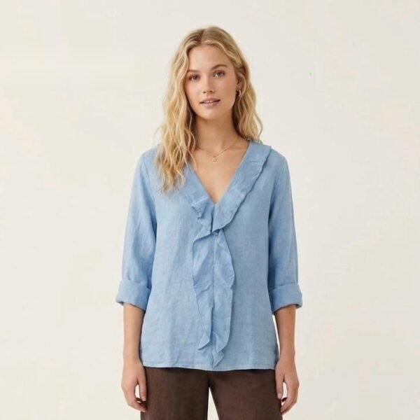 Cornflower Linen Ruffle Blouse