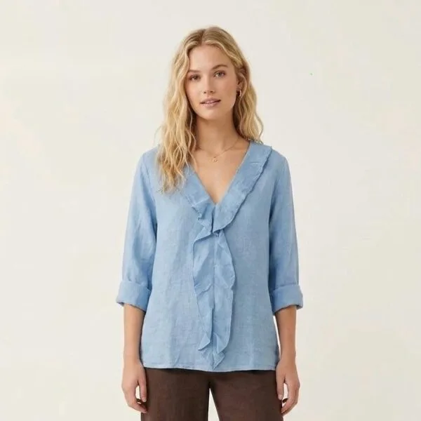 Cornflower Linen Ruffle Blouse