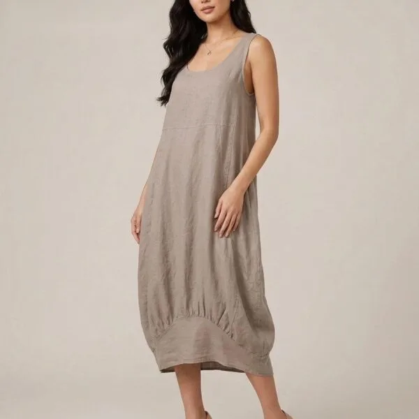 Taupe Linen Bubble Hem Shift Dress
