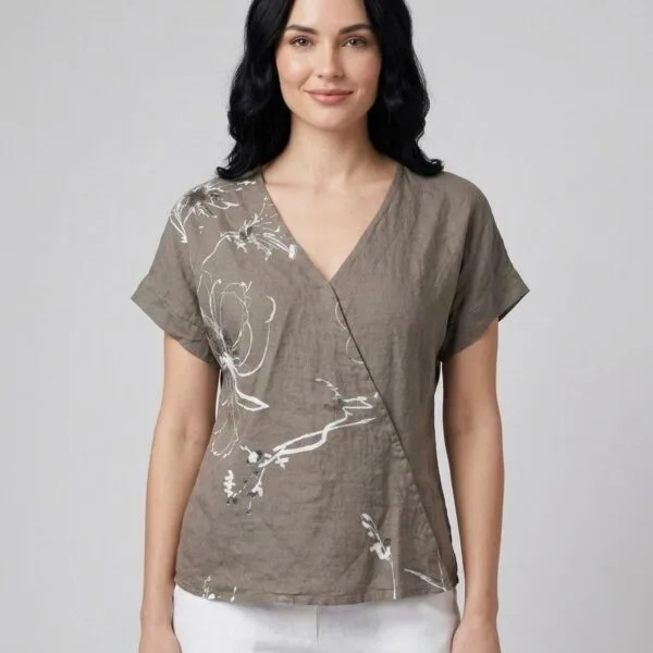 Botanical Sketch Taupe Linen Wrap Top