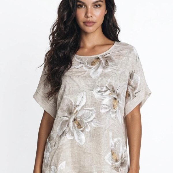 Ivory Botanical Linen Short-Sleeve Top