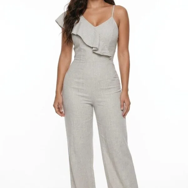 Linen Ruffle V-Neck Jumpsuit in Natural