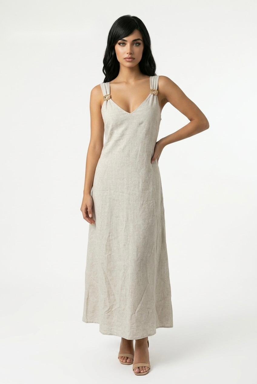 Cream Linen Elegance Maxi Dress