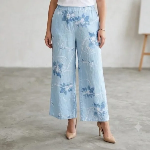 Amalfi Blue Floral Linen Culotte Pants