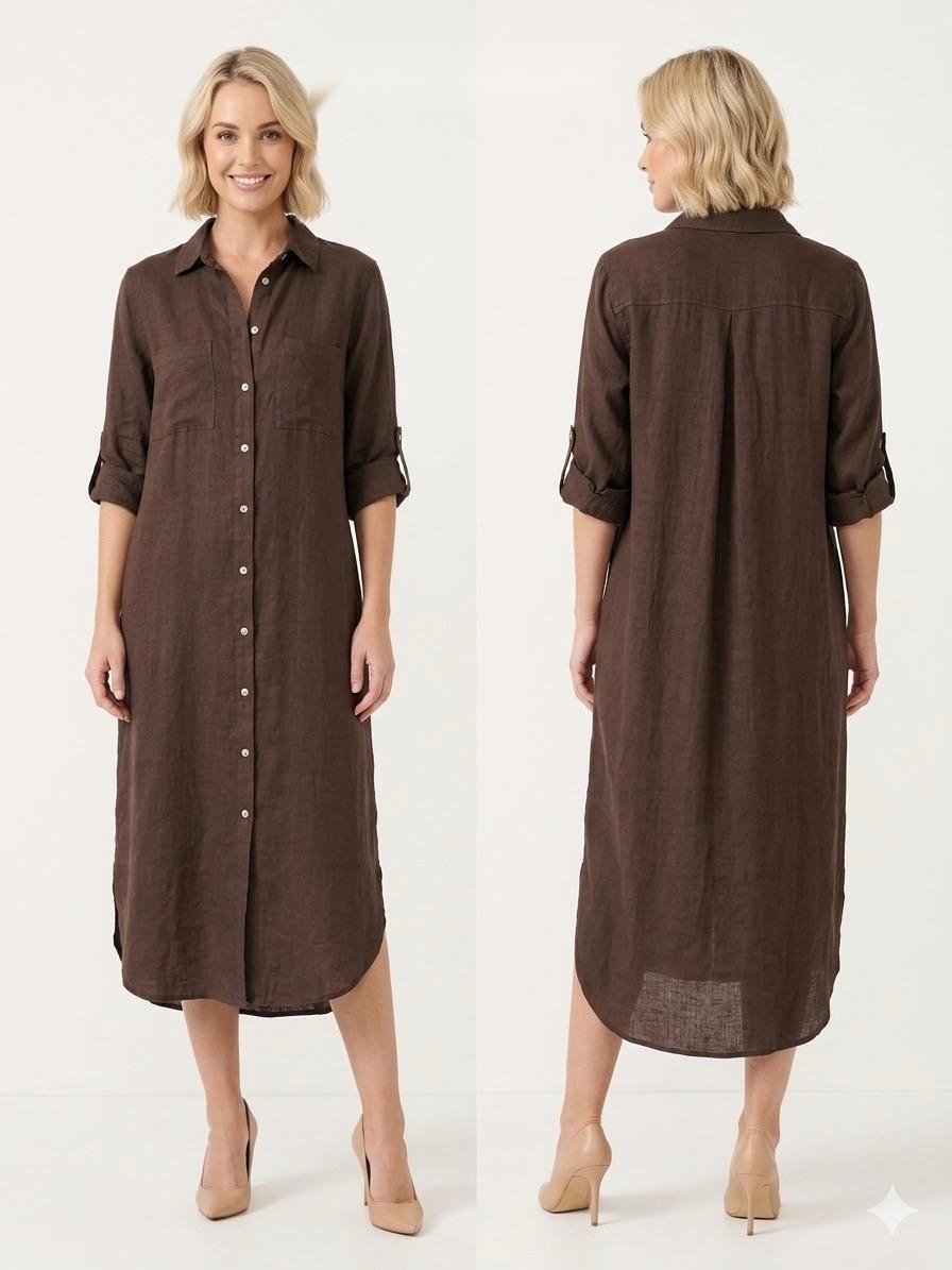 Espresso Linen Button-Down Shirt Dress