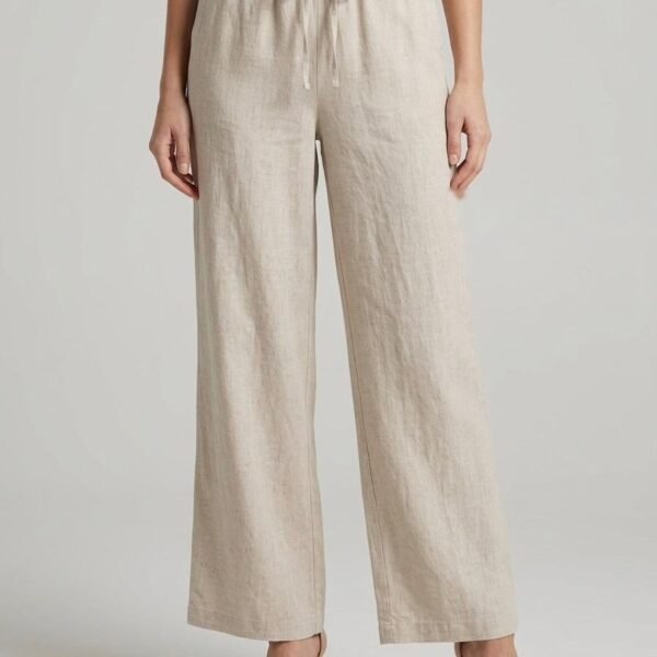Beige Linen Wide-Leg Drawstring Trousers