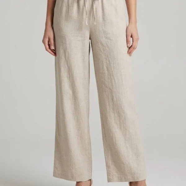 Beige Linen Wide-Leg Drawstring Trousers