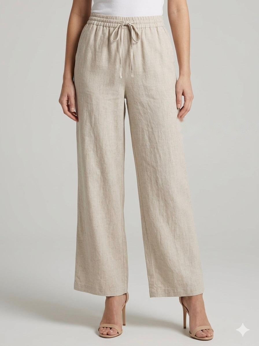 Beige Linen Wide-Leg Drawstring Trousers