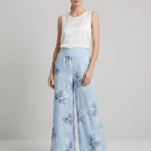 Bluebell Floral Linen Wide-Leg Trousers