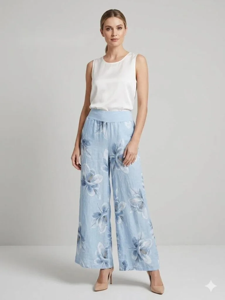 Bluebell Floral Linen Wide-Leg Trousers