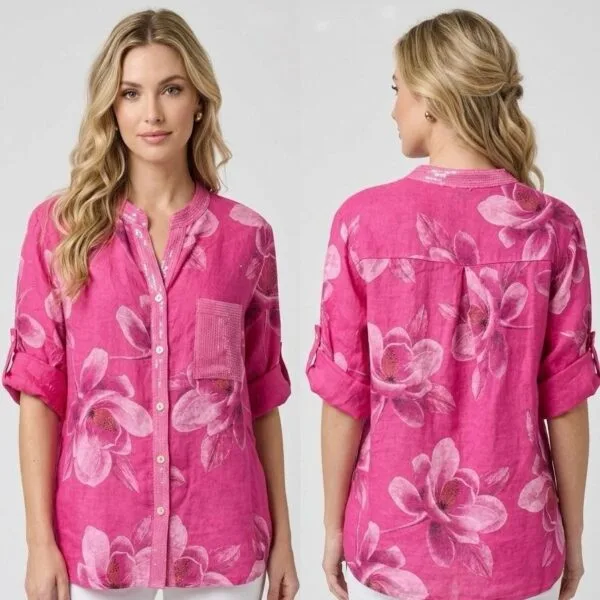Fuchsia Bloom Linen Button-Down Shirt