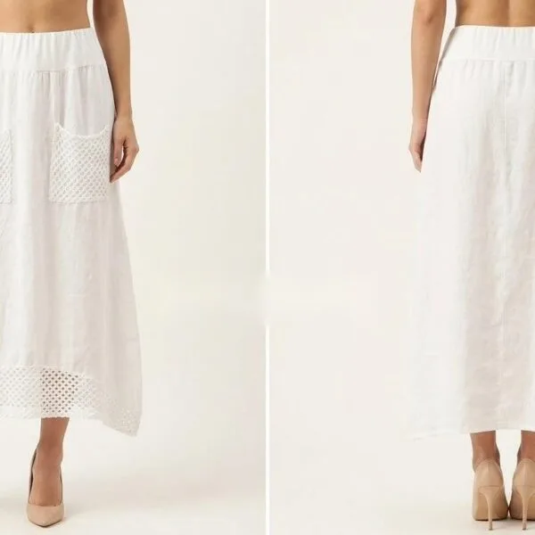 Ivory Mesh Pocket Linen Maxi Skirt