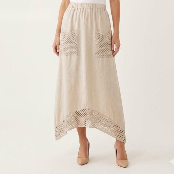 Linen Patchwork Midi Skirt in Cream
