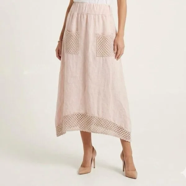 Blush Linen Skirt with Crochet Pockets