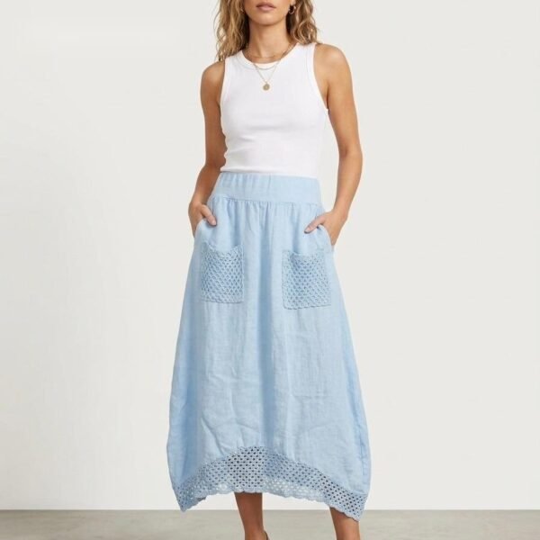 Adriatic Sky Linen Midi Skirt