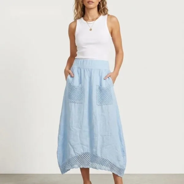 Adriatic Sky Linen Midi Skirt