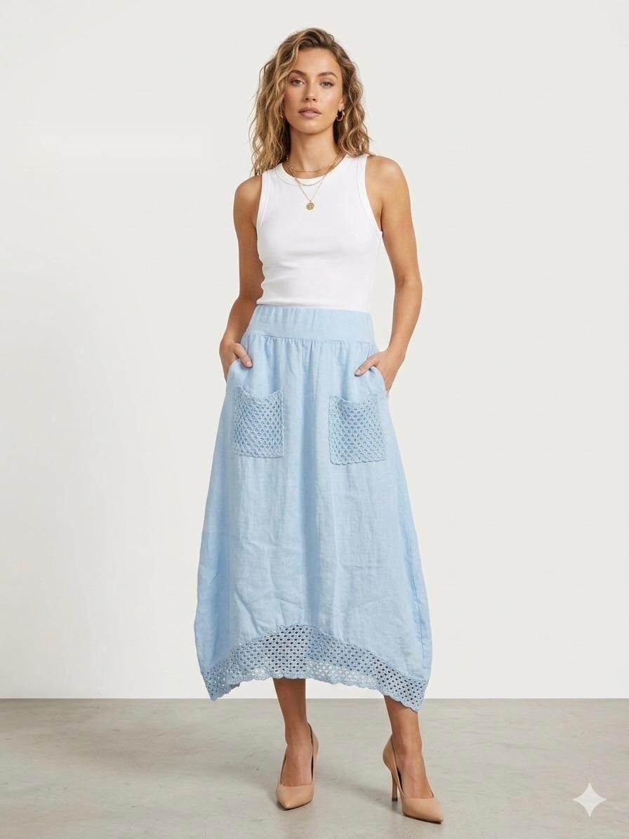 Adriatic Sky Linen Midi Skirt
