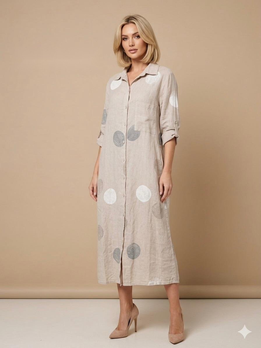 Polka Dot Linen Shirt Dress in Natural
