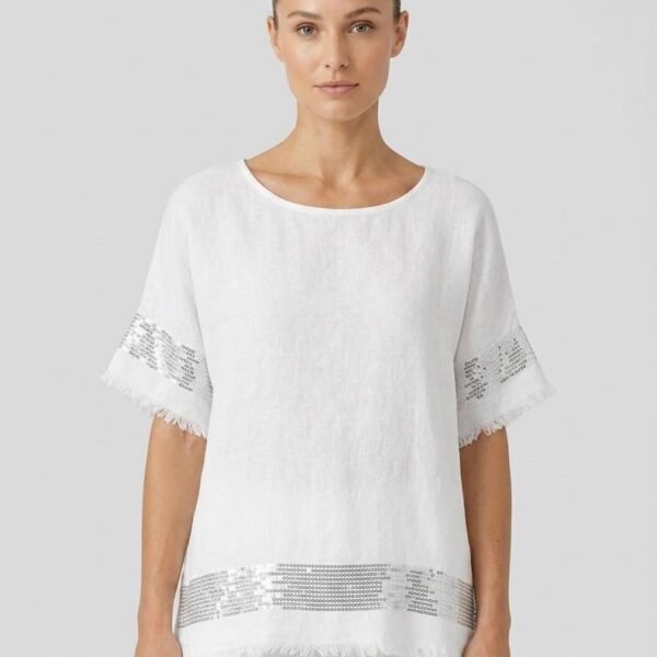 Sequin-Trim White Linen Relaxed Tee