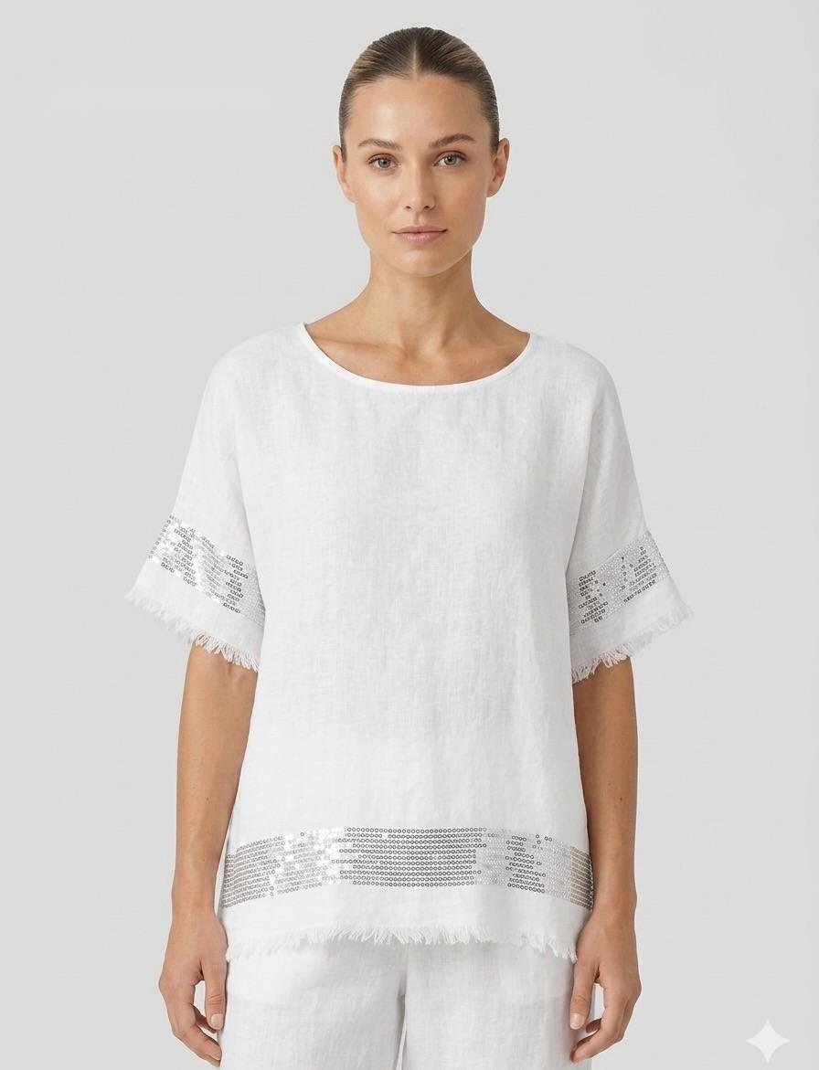 Sequin-Trim White Linen Relaxed Tee