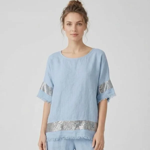 Sequin-Trimmed Sky Blue Linen Tunic