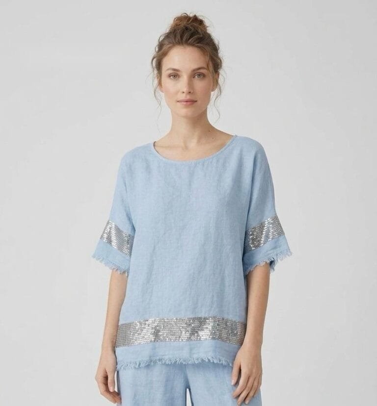 Sequin-Trimmed Sky Blue Linen Tunic