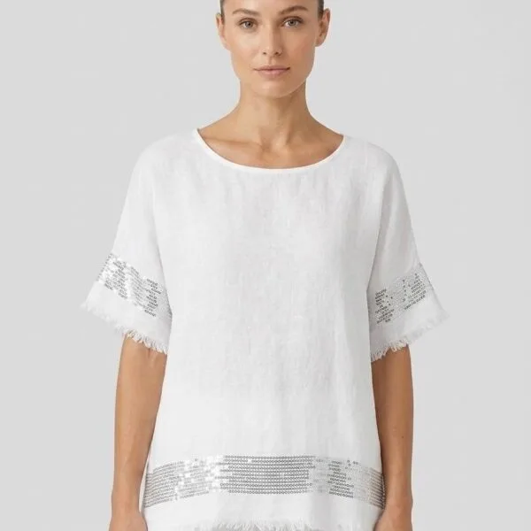 Sequin-Trimmed White Linen Tee