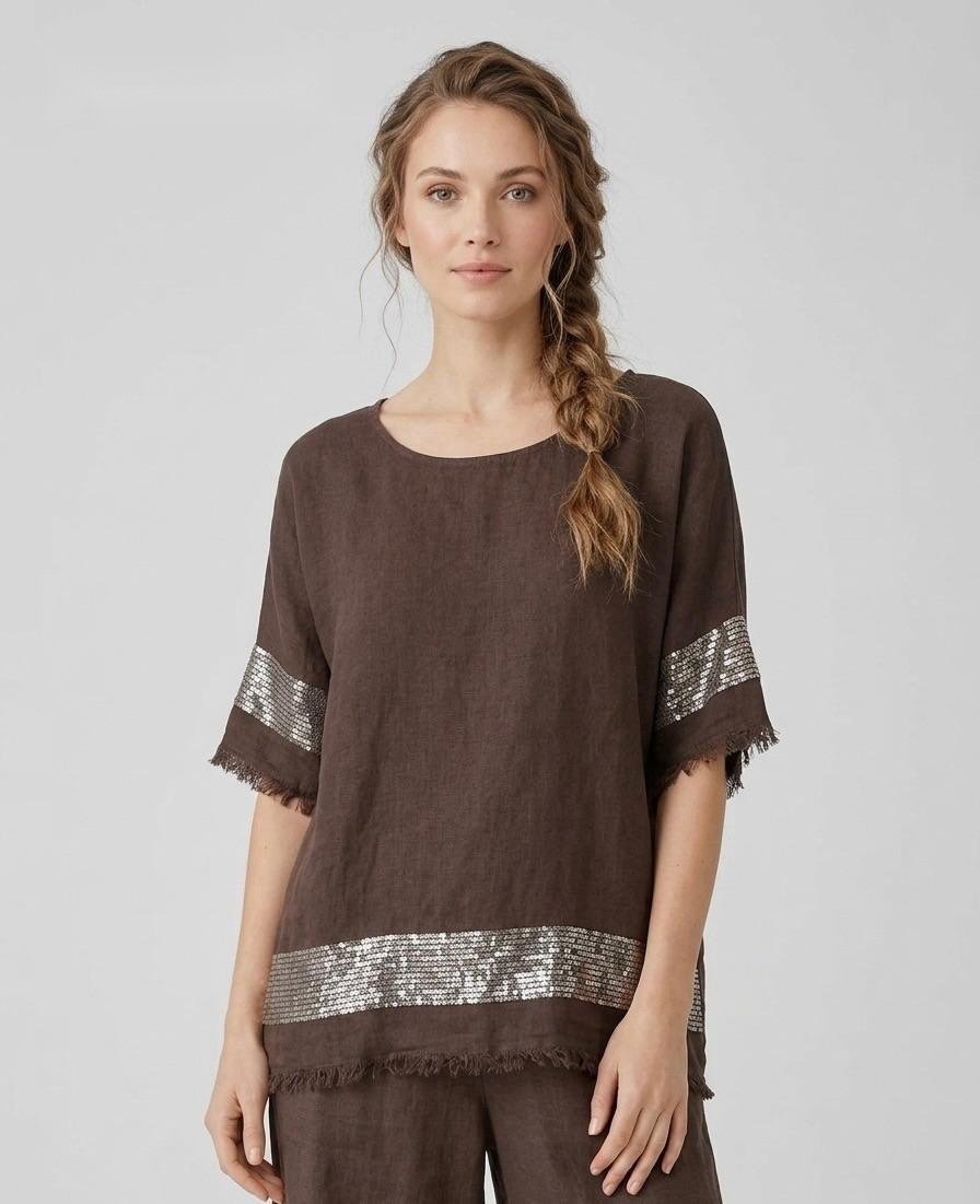Chocolate Sequin-Trim Linen Tee