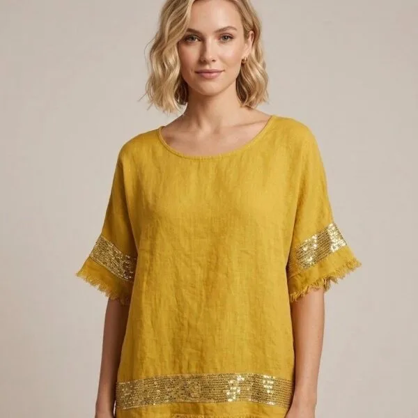 Golden Sequin Linen Tunic with Frayed Hem