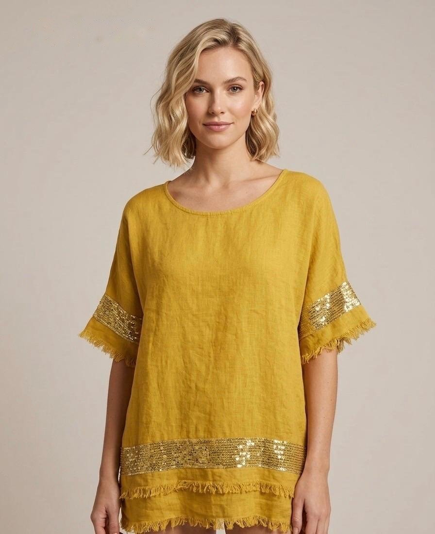 Golden Sequin Linen Tunic with Frayed Hem