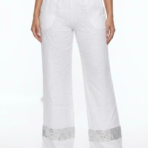 Luminous White Linen Sequin Palazzo Pants