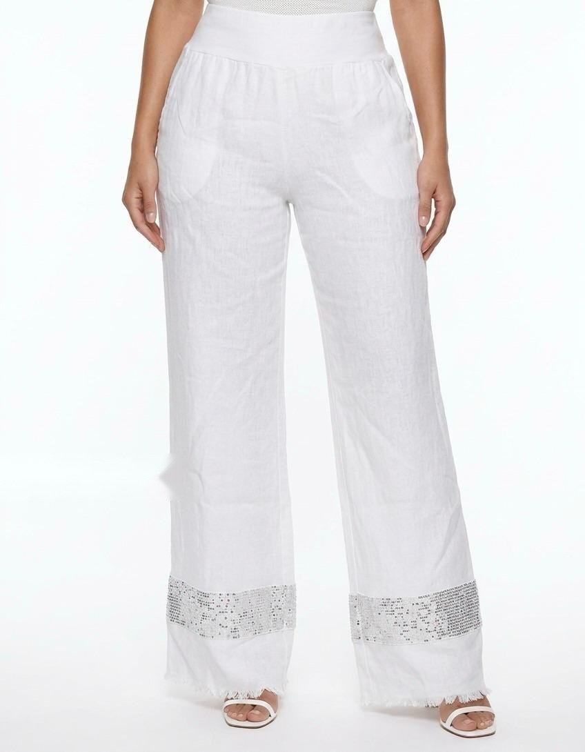 Luminous White Linen Sequin Palazzo Pants